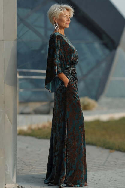 Dark Green Floral Mermaid Ruched Round Neck Long Mother of the Bride Dress