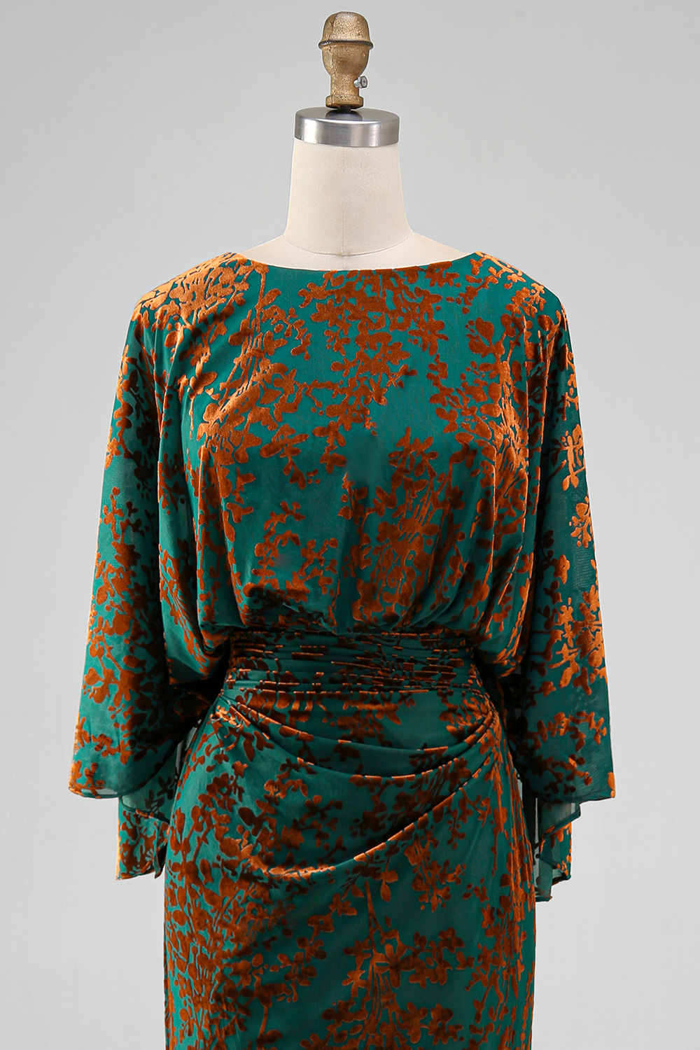 Dark Green Floral Mermaid Ruched Round Neck Long Mother of the Bride Dress