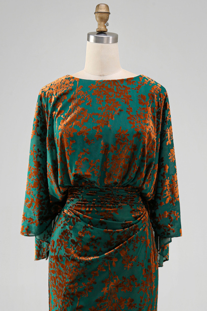 Dark Green Floral Mermaid Ruched Round Neck Long Mother of the Bride Dress