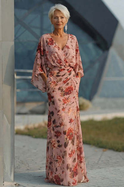 Leely Women Dusty Rose Floral Mermaid Long Mother of the Bride Dress Round Neck Chiffon Formal Dress