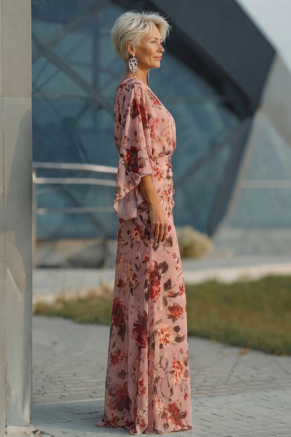 Dusty Rose Floral Round Neck Chiffon Mermaid Long Mother of the Bride Dress