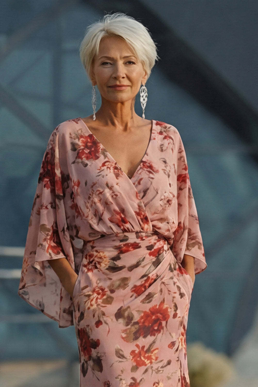Dusty Rose Floral Round Neck Chiffon Mermaid Long Mother of the Bride Dress