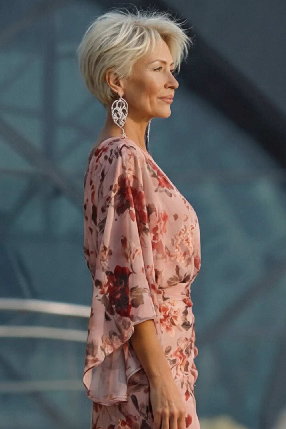 Dusty Rose Floral Round Neck Chiffon Mermaid Long Mother of the Bride Dress