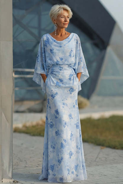 Leely Women Light Blue Chiffon Flutter Sleeves Long Mother of the Bride Dress Round Neck Backless Wedding Guest Dress