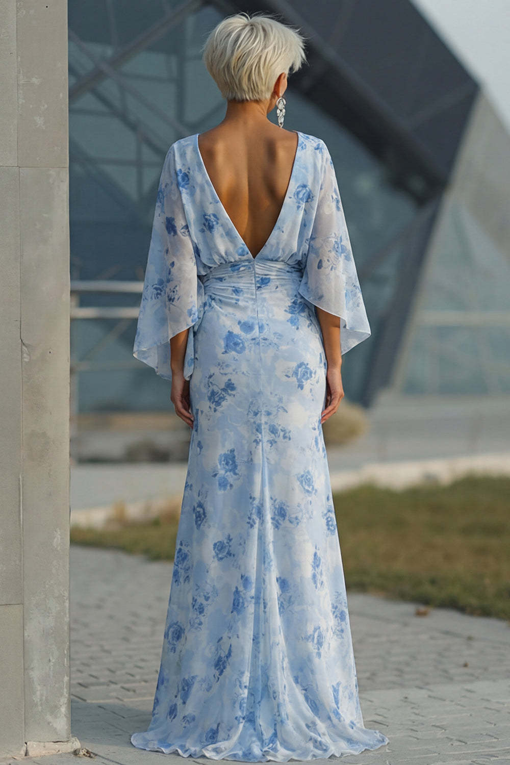Light Blue Chiffon Flutter Sleeves Round Neck Long Mother of the Bride Dress
