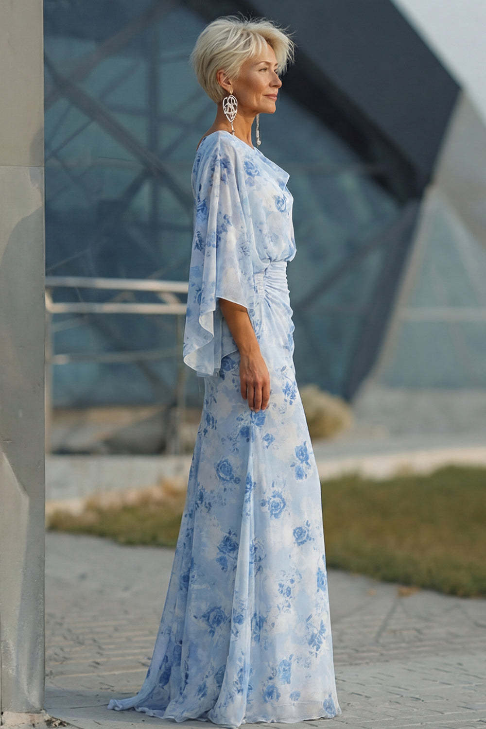 Light Blue Chiffon Flutter Sleeves Round Neck Long Mother of the Bride Dress