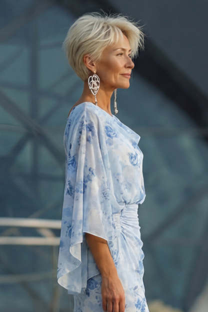 Light Blue Chiffon Flutter Sleeves Round Neck Long Mother of the Bride Dress