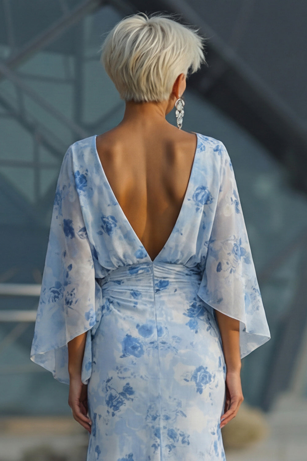 Light Blue Chiffon Flutter Sleeves Round Neck Long Mother of the Bride Dress