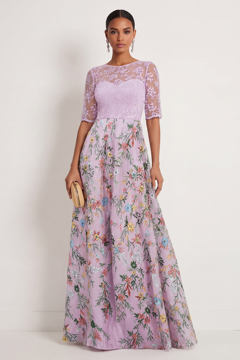 Floral Dusty Rose Illusion Neck Long Mother of the Bride Dress