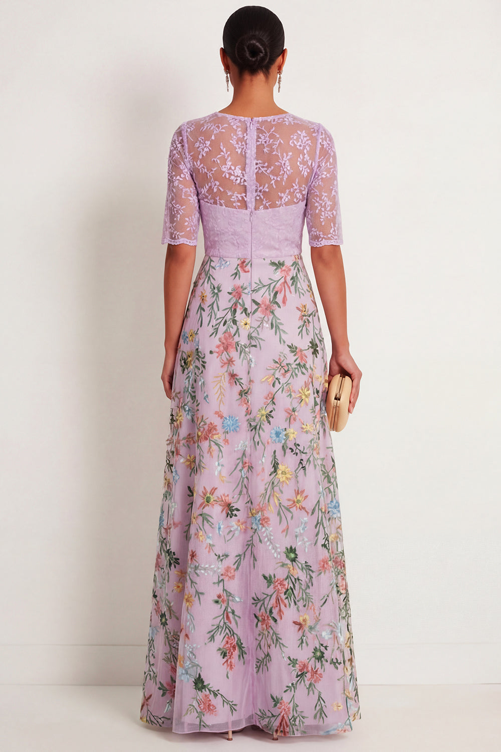 Floral Dusty Rose Illusion Neck Long Mother of the Bride Dress