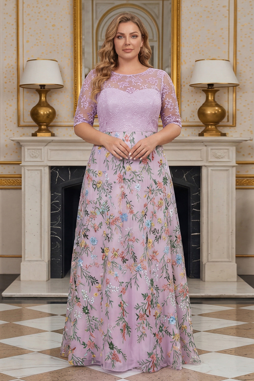 Dusty Rose Plus Size Illusion Neck Floral Long Mother of the Bride Dress