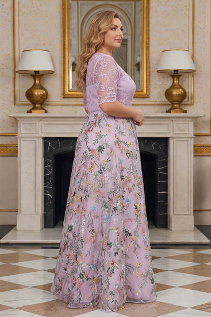 Dusty Rose Plus Size Illusion Neck Floral Long Mother of the Bride Dress