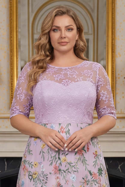 Dusty Rose Plus Size Illusion Neck Floral Long Mother of the Bride Dress