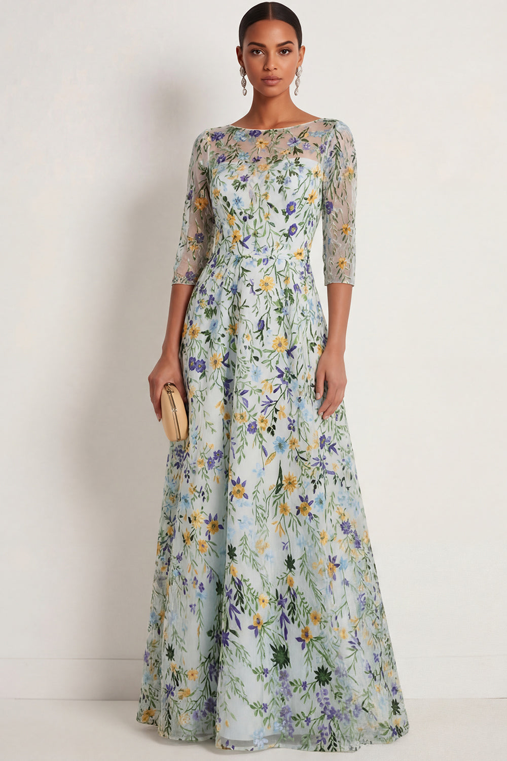 Floral A Line Illusion Neck Green Embroidered Long Wedding Guest Dress
