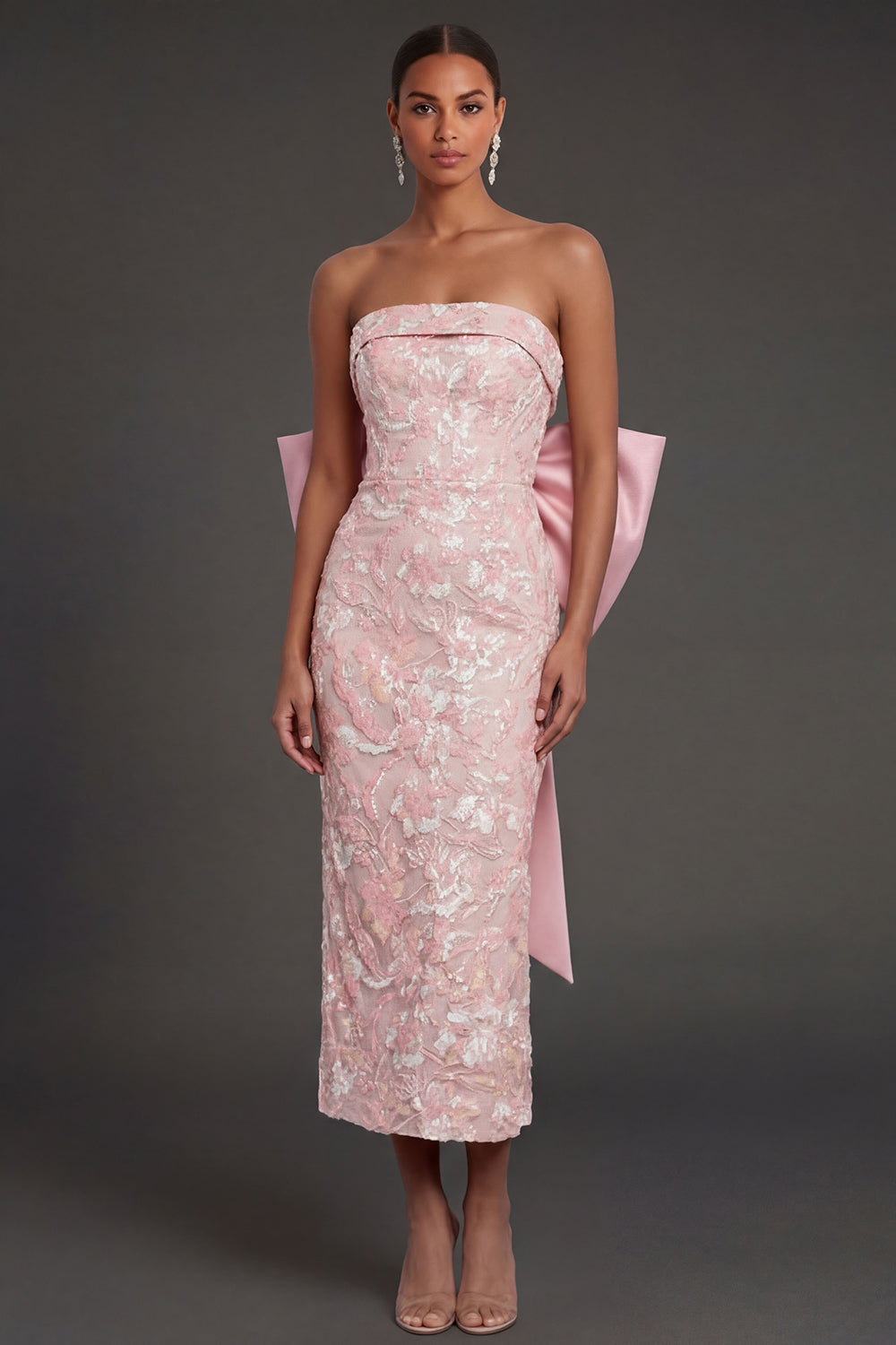 Pink Floral Sheath Appliqued Long Formal Dress with Slit