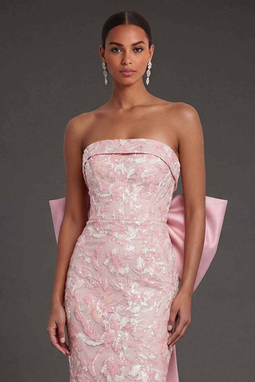 Pink Floral Sheath Appliqued Long Formal Dress with Slit