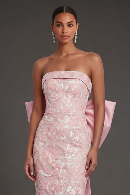 Pink Floral Sheath Appliqued Long Formal Dress with Slit