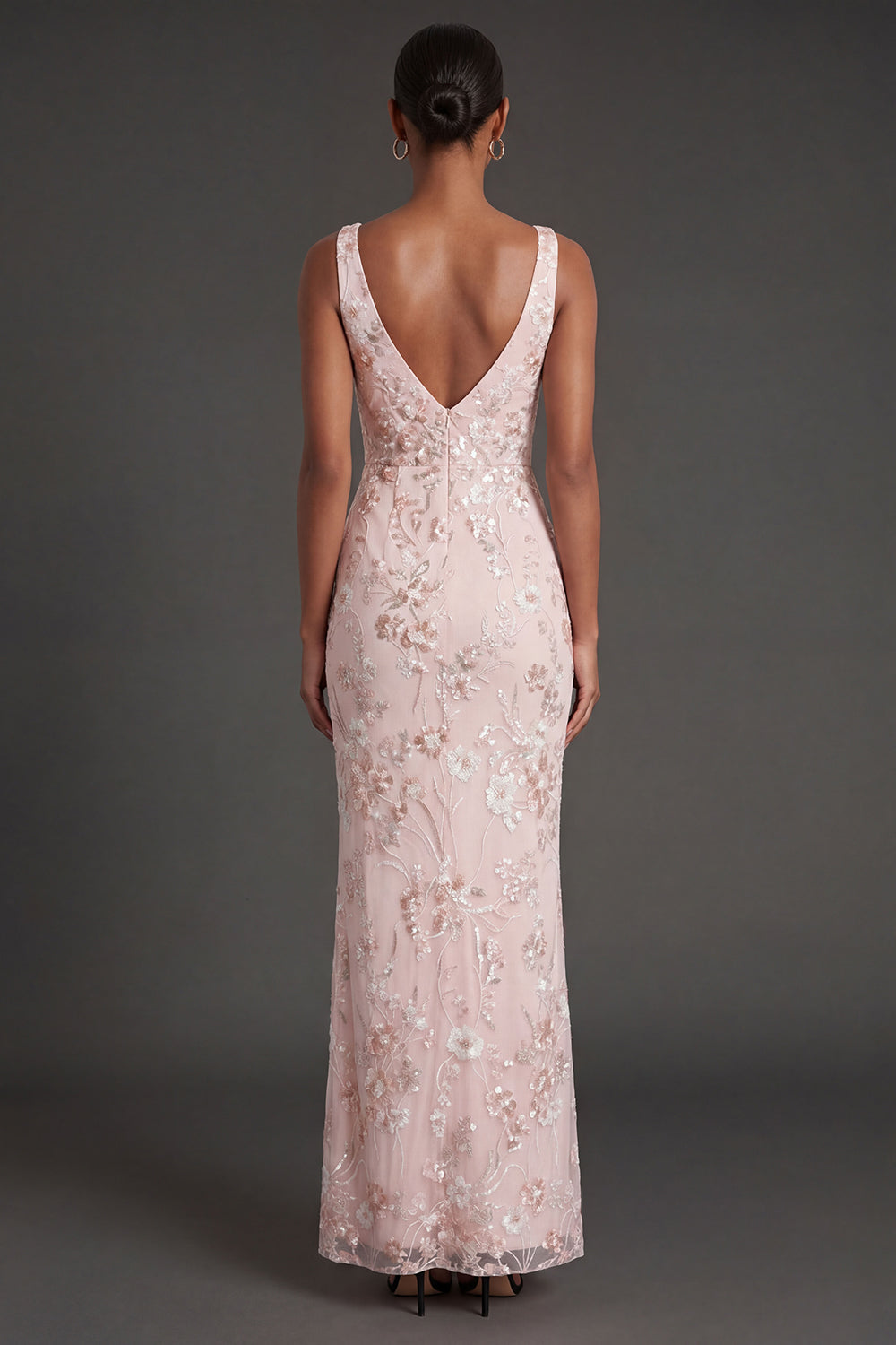 Sparkly Sequined Pink Sheath Floral V Neck Long Formal Dress with Slit