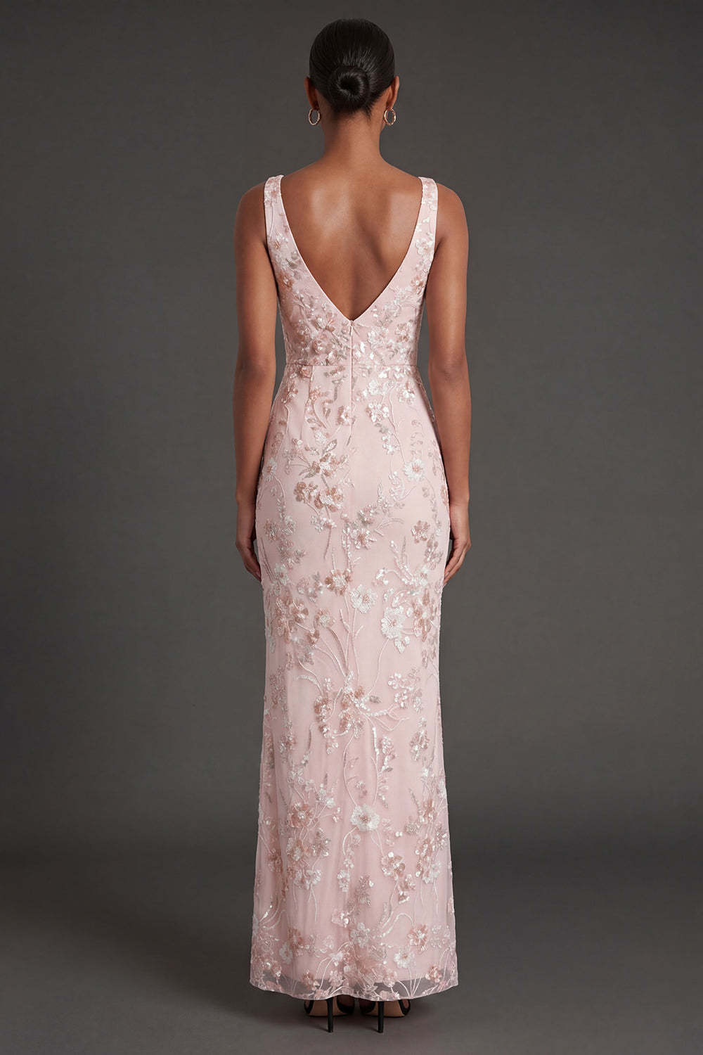 Sparkly Sequined Pink Sheath Floral V Neck Long Formal Dress with Slit