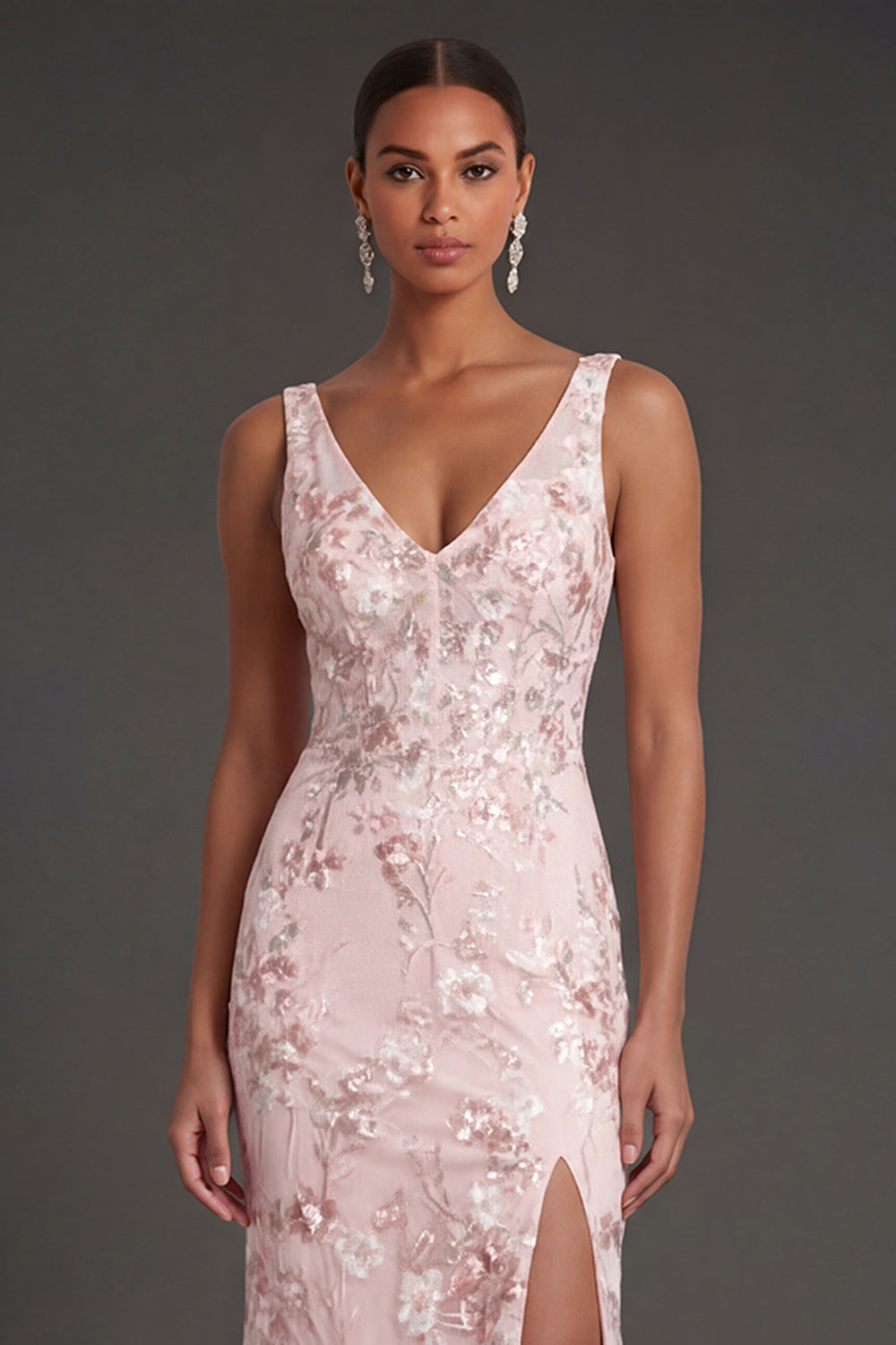 Sparkly Sequined Pink Sheath Floral V Neck Long Formal Dress with Slit