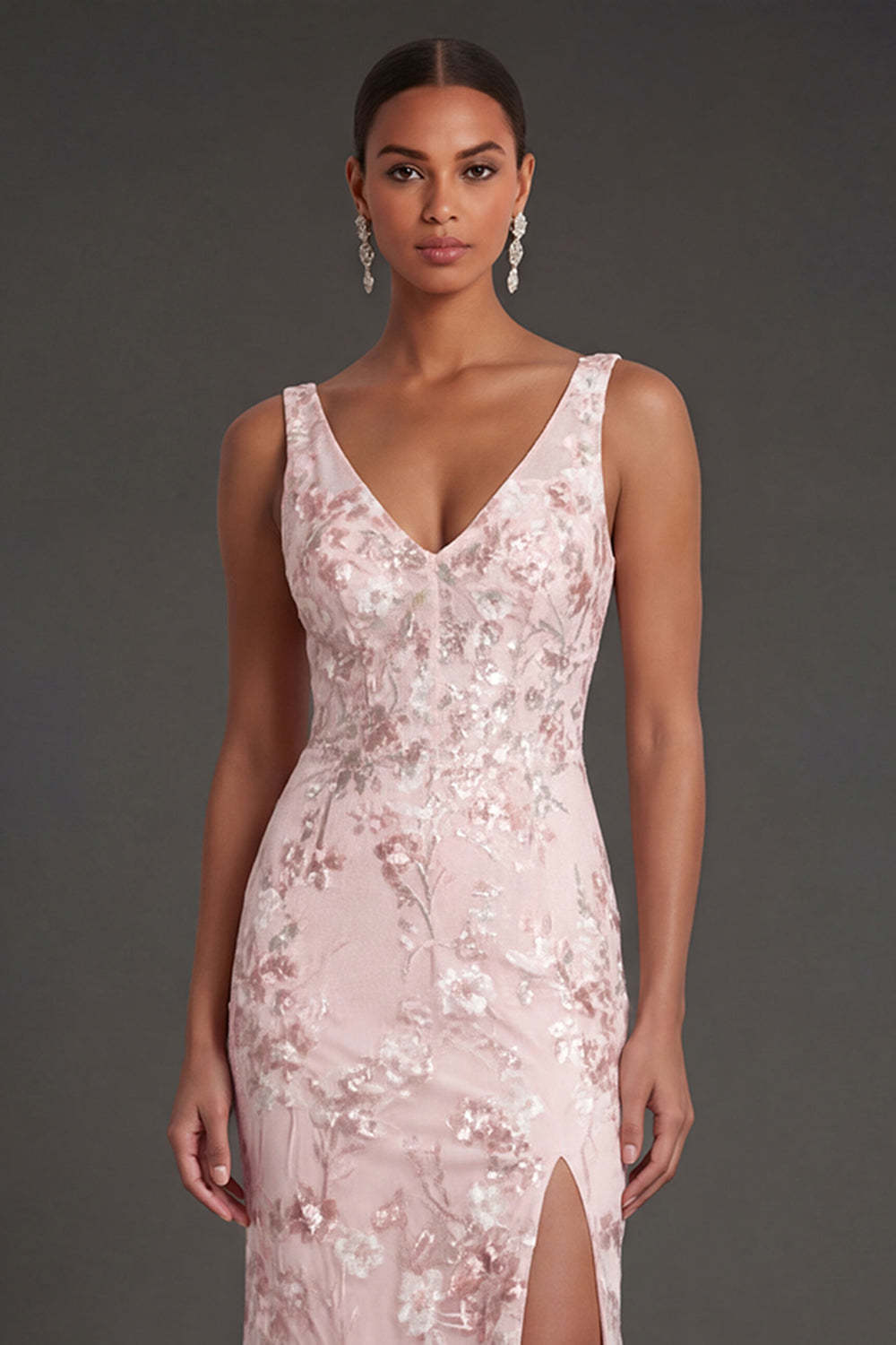 Sparkly Sequined Pink Sheath Floral V Neck Long Formal Dress with Slit