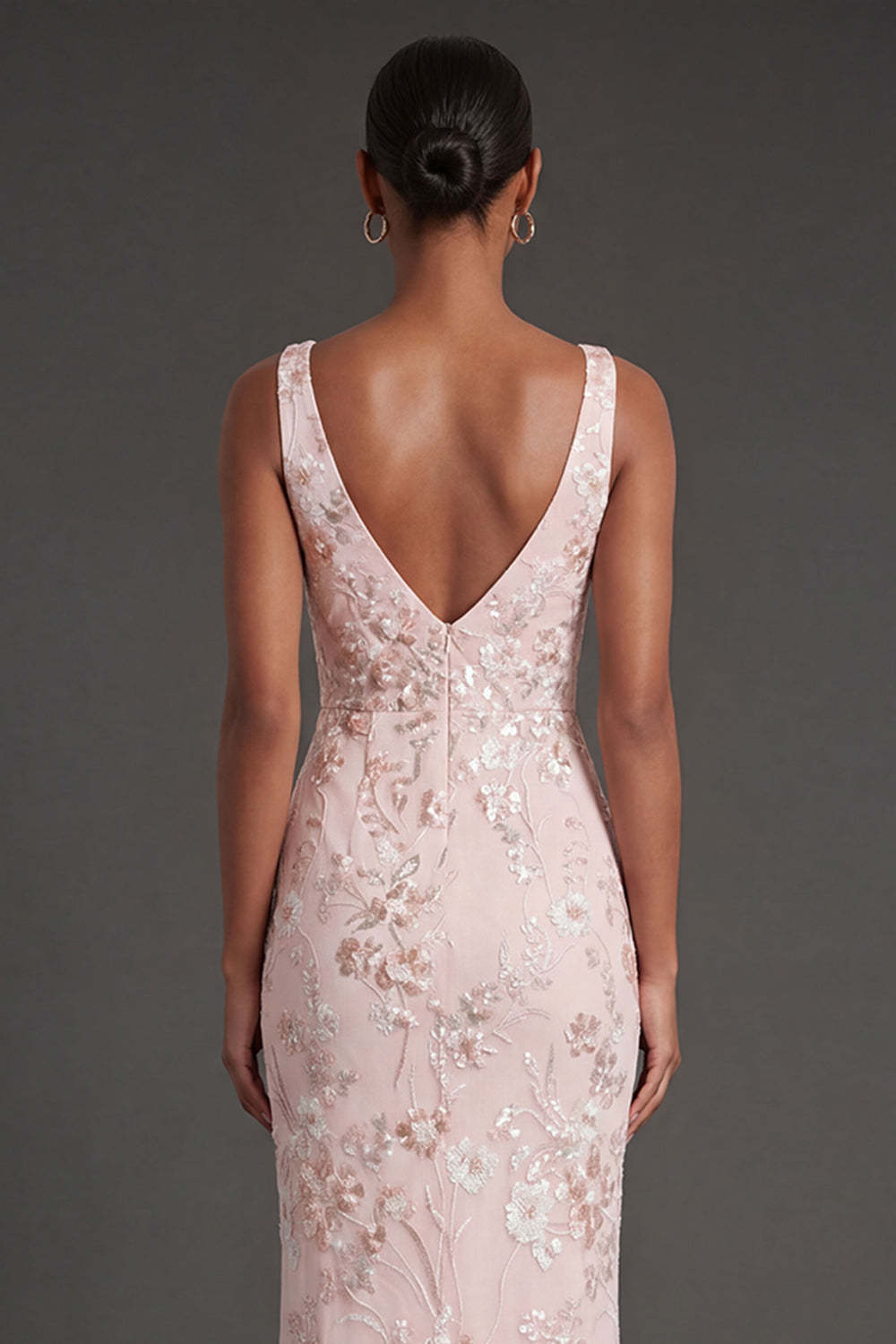 Sparkly Sequined Pink Sheath Floral V Neck Long Formal Dress with Slit