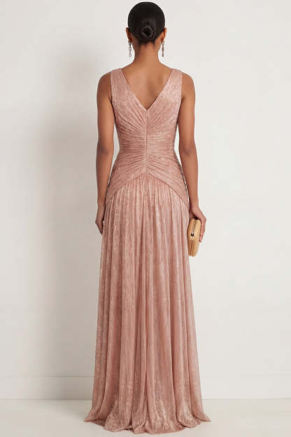 Dusty Rose A Line Ruched V Neck Maxi Wedding Guest Dress
