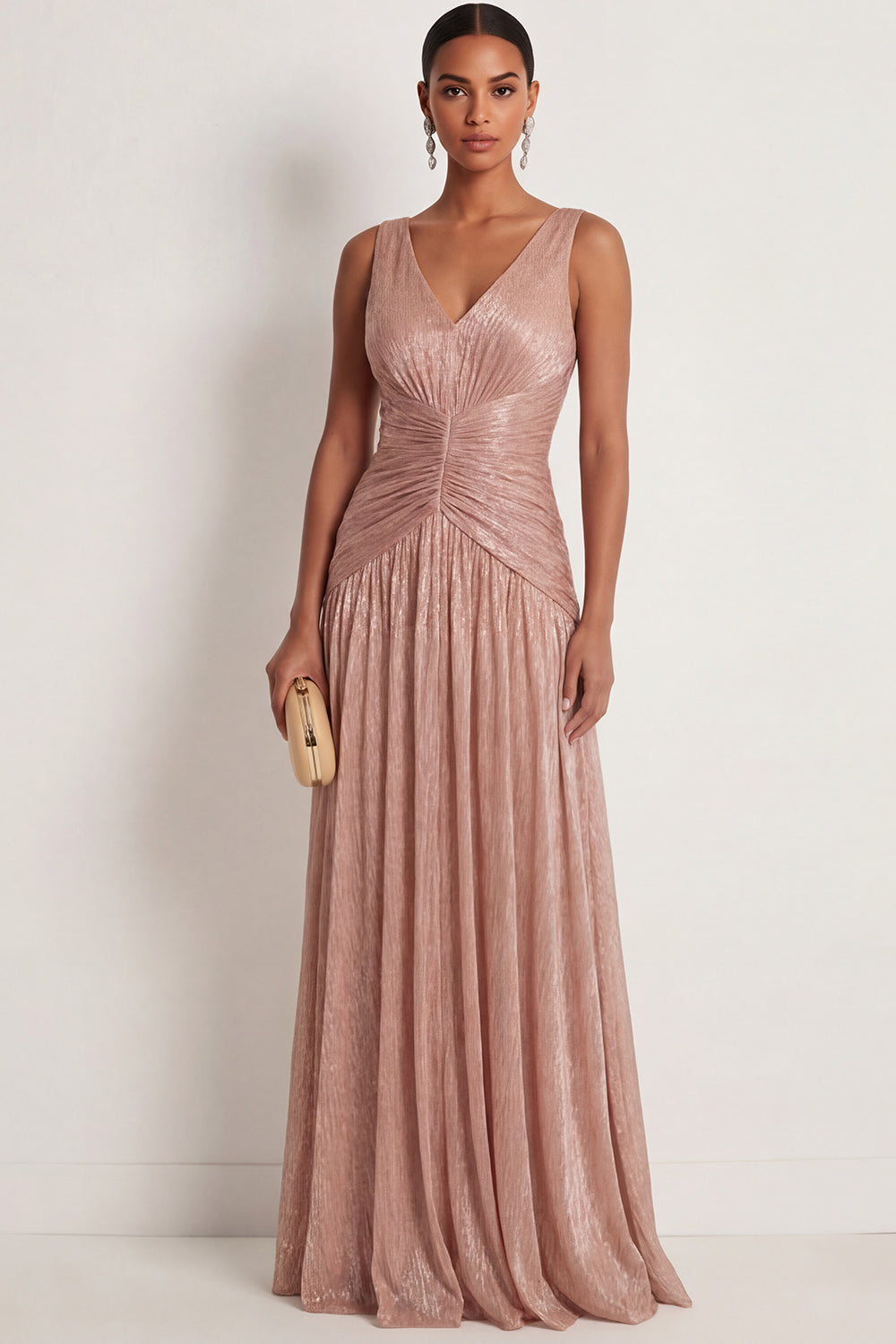 Dusty Rose A Line Ruched V Neck Maxi Wedding Guest Dress