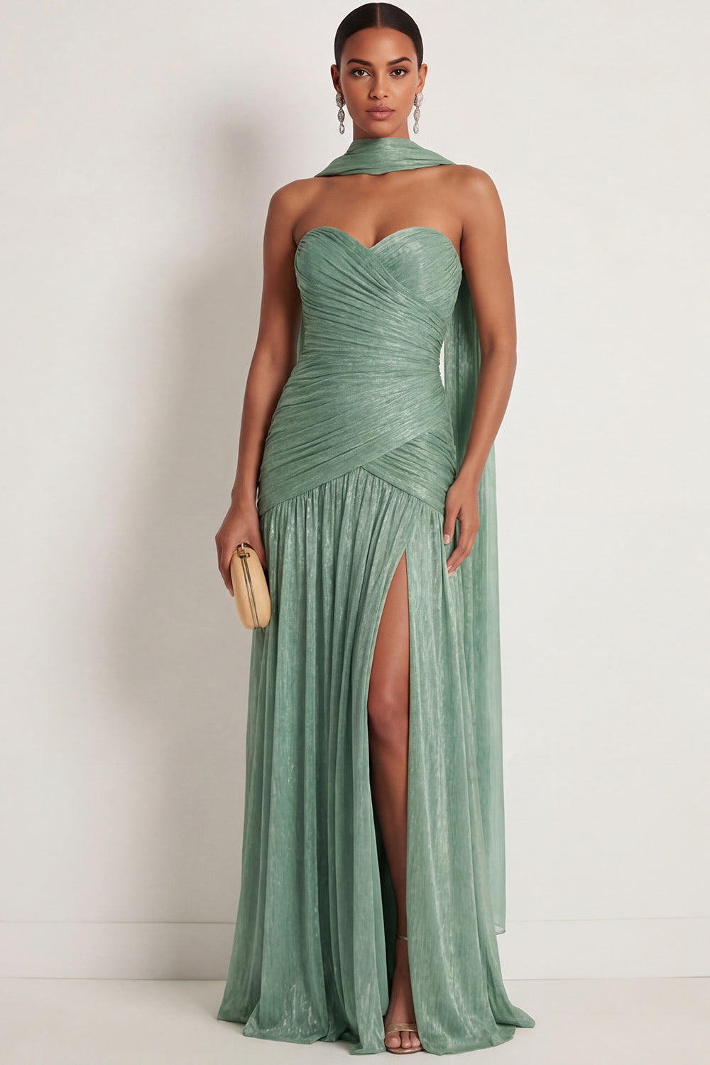 Dusty Sage Sheath Ruched Sweetheart Maxi Wedding Guest Dress with Slit