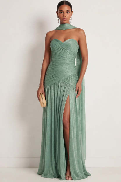 Dusty Sage Sheath Ruched Sweetheart Maxi Wedding Guest Dress with Slit