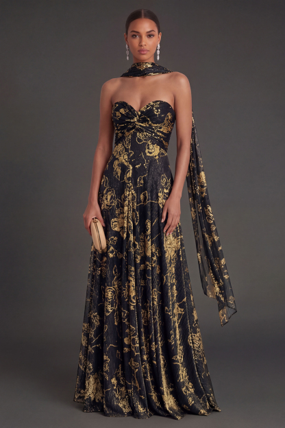 Leely Women Sky Blue A Line Ruched Maxi Formal Dress with Slit Sweetheart Backless Sleeveless Evening Dress