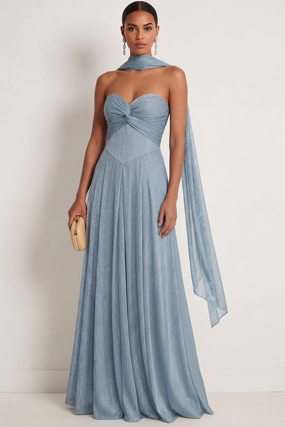 Sky Blue A Line Ruched Sweetheart Maxi Formal Dress with Slit