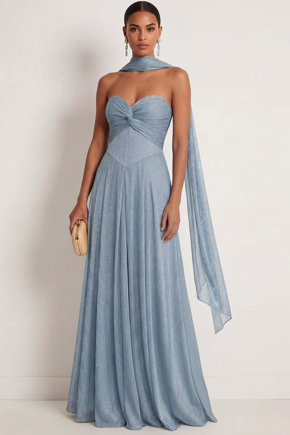Sky Blue A Line Ruched Sweetheart Maxi Formal Dress with Slit