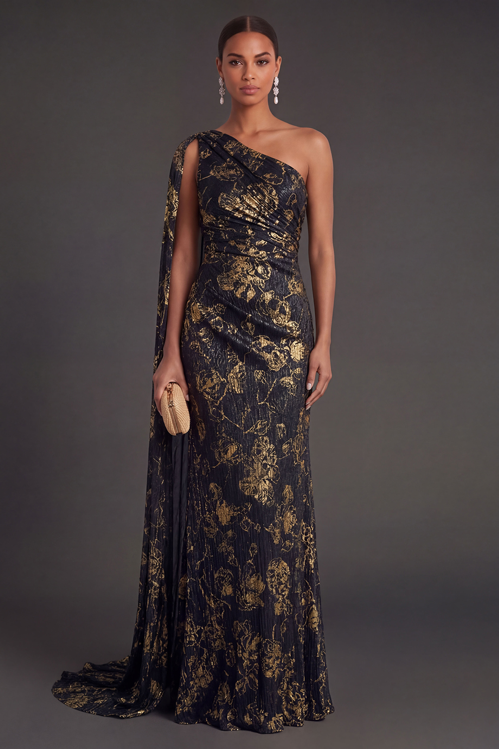 Leely Women Black Gold Mermaid One Shoulder Ruched Long Formal Dress A Line Black Tie Wedding Guest Dress with Cape