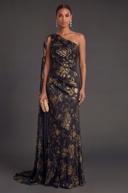 Navy Mermaid One Shoulder Ruched Long Formal Dress