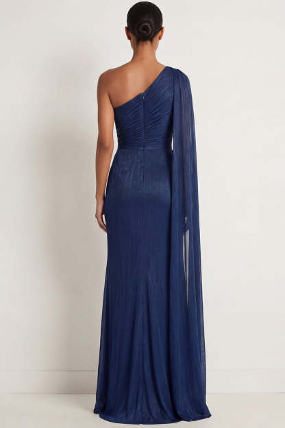 Navy Mermaid One Shoulder Ruched Long Formal Dress