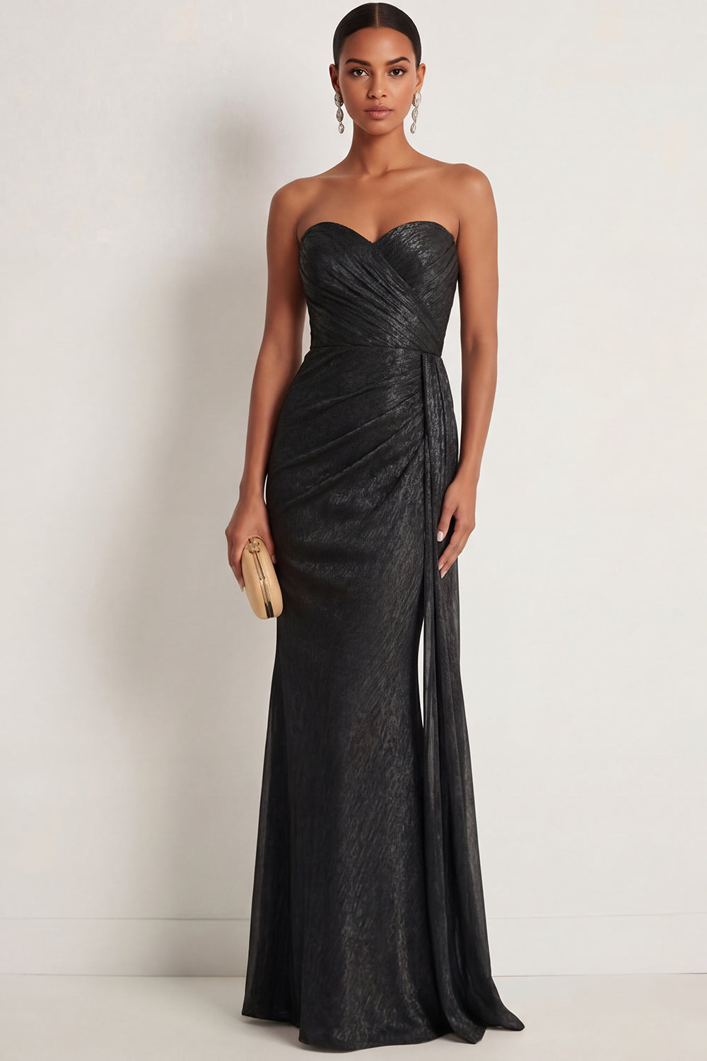 Leely Women Black Mermaid Sweetheart Ruched Maxi Formal Dress Backless Sleeveless Formal Dress