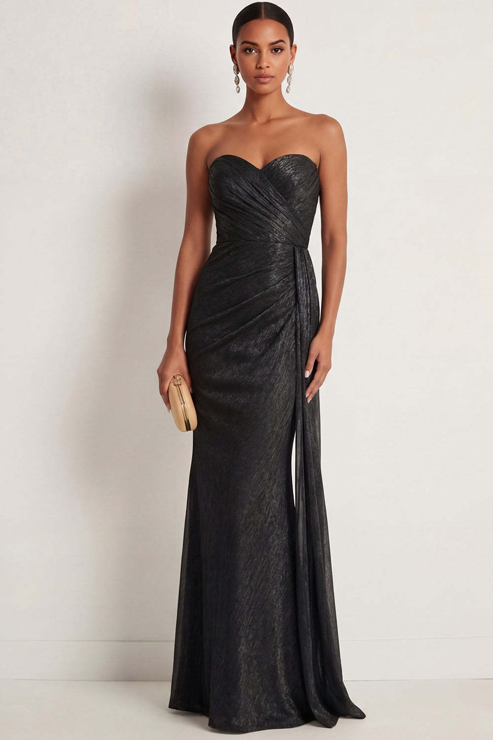 Leely Women Black Mermaid Sweetheart Ruched Maxi Formal Dress Backless Sleeveless Formal Dress