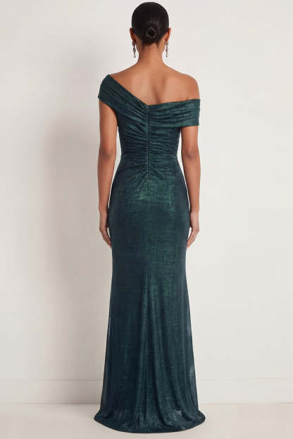 Dark Green One Shoulder Mermaid Ruched Long Formal Dress