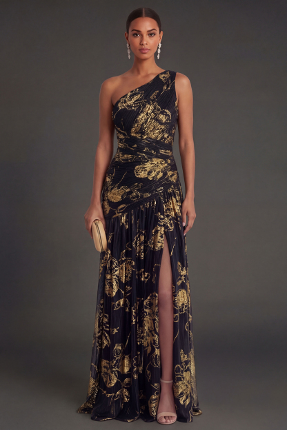 One Shoulder Gold Sheath Ruched Long Formal Dress with Slit