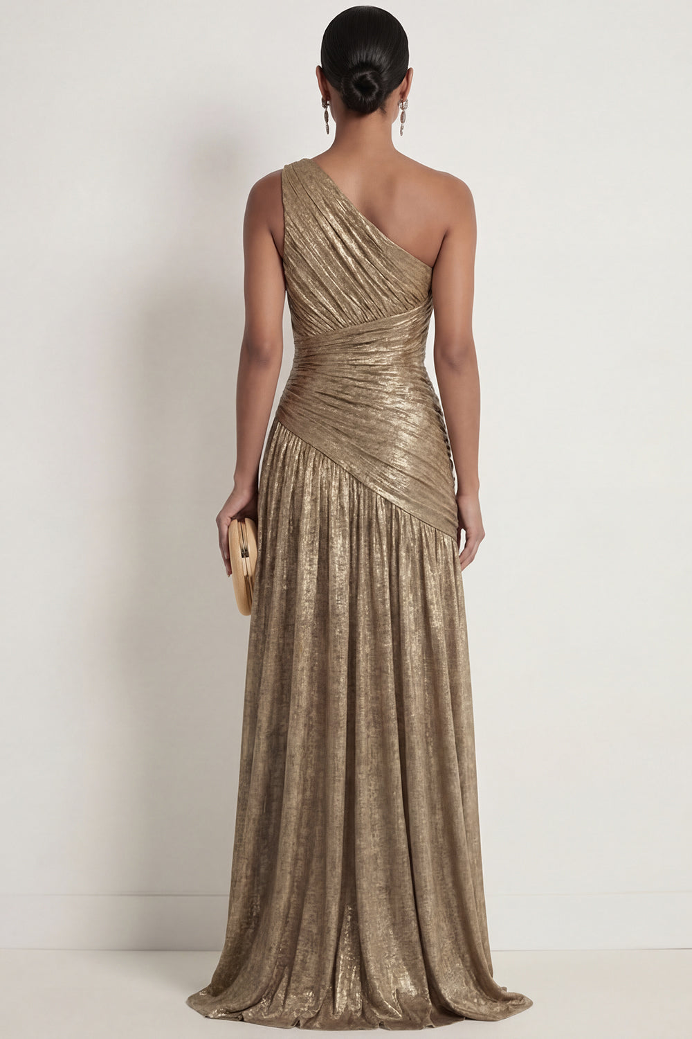One Shoulder Gold Sheath Ruched Long Formal Dress with Slit