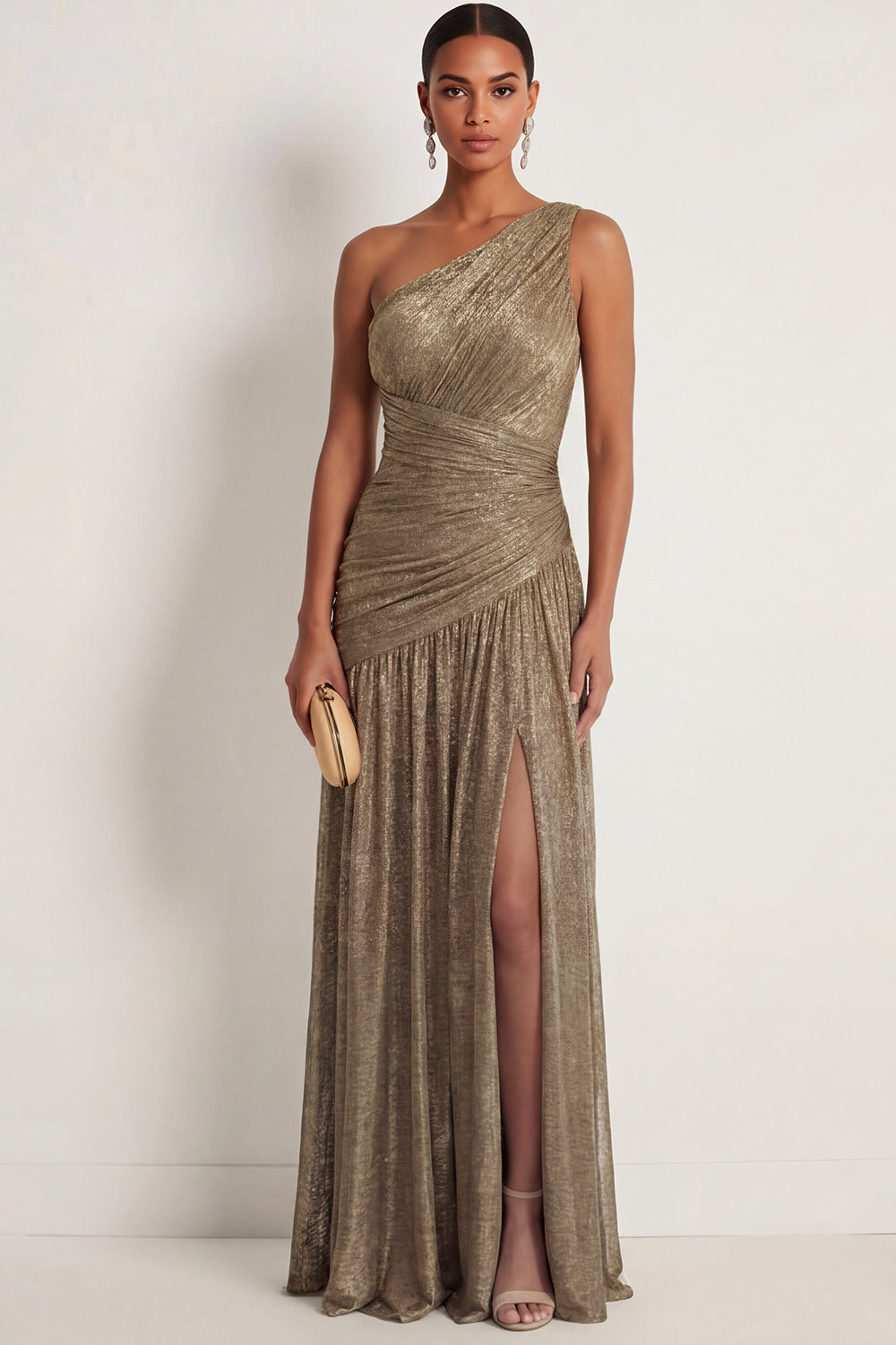 One Shoulder Gold Sheath Ruched Long Formal Dress with Slit