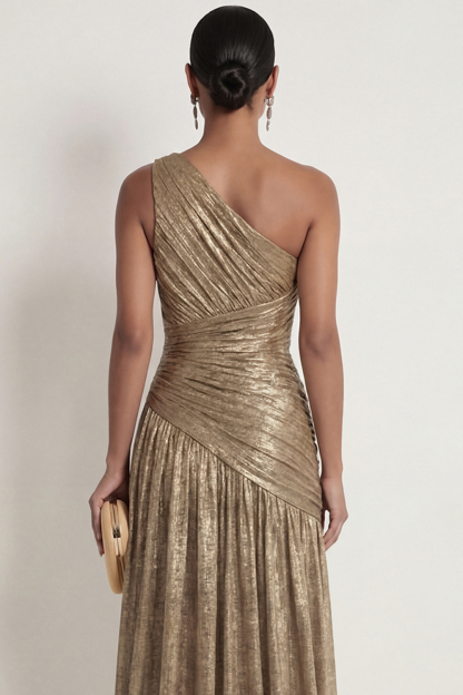 One Shoulder Gold Sheath Ruched Long Formal Dress with Slit