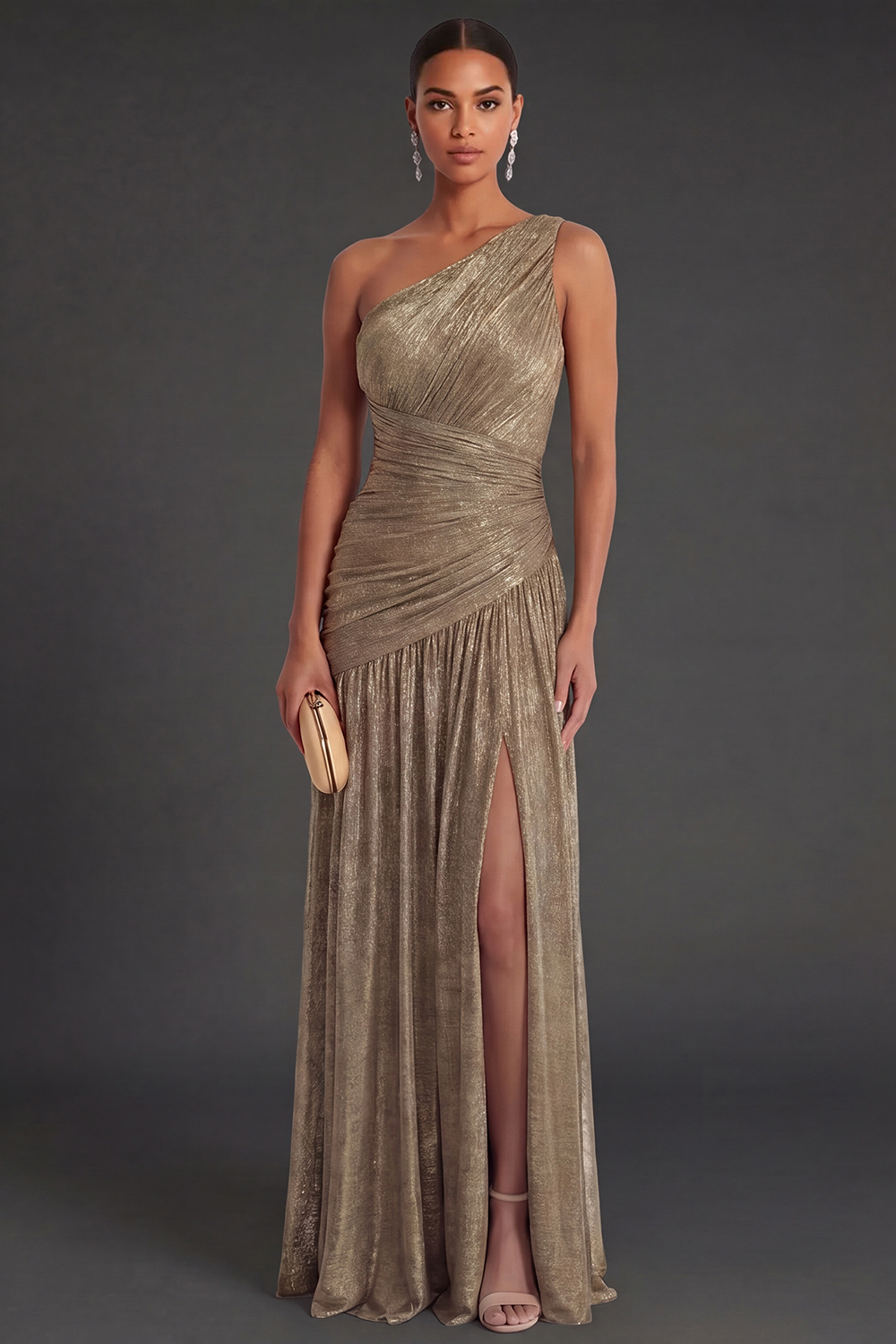Leely Women One Shoulder Gold Sheath Long Formal Dress with Slit Ruched Sleeveless Backless Wedding Guest Dress