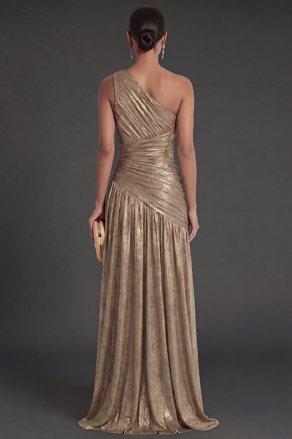 One Shoulder Gold Sheath Ruched Long Formal Dress with Slit