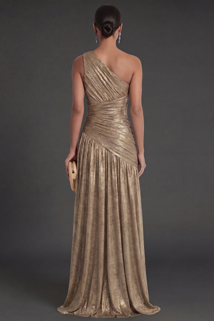 One Shoulder Gold Sheath Ruched Long Formal Dress with Slit