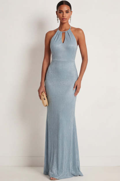 Leely Women Sky Blue Halter Neck Mermaid Maxi Formal Dress Sleeveless Keyhole Wedding Guest Dress