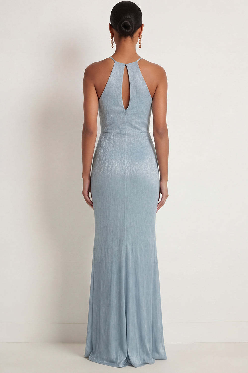 Sky Blue Halter Neck Mermaid Sleeveless Maxi Formal Dress