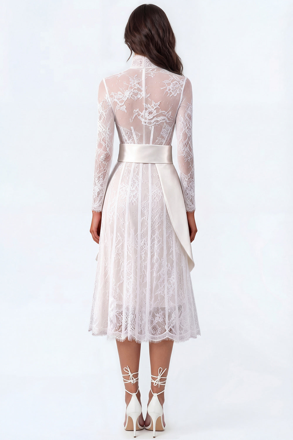 Floral White Corset High Neck Midi Lace Engagement Dress
