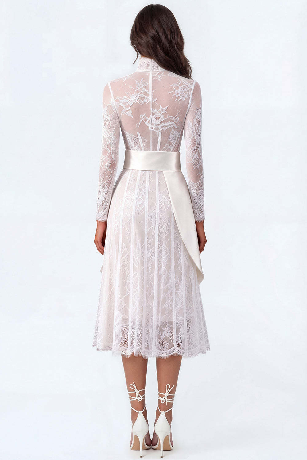 Floral White Corset High Neck Midi Lace Engagement Dress